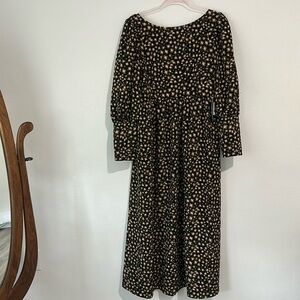Who What Wear Olive Green Pink Leopard Print Puff Sleeve A-Line Midi Dress